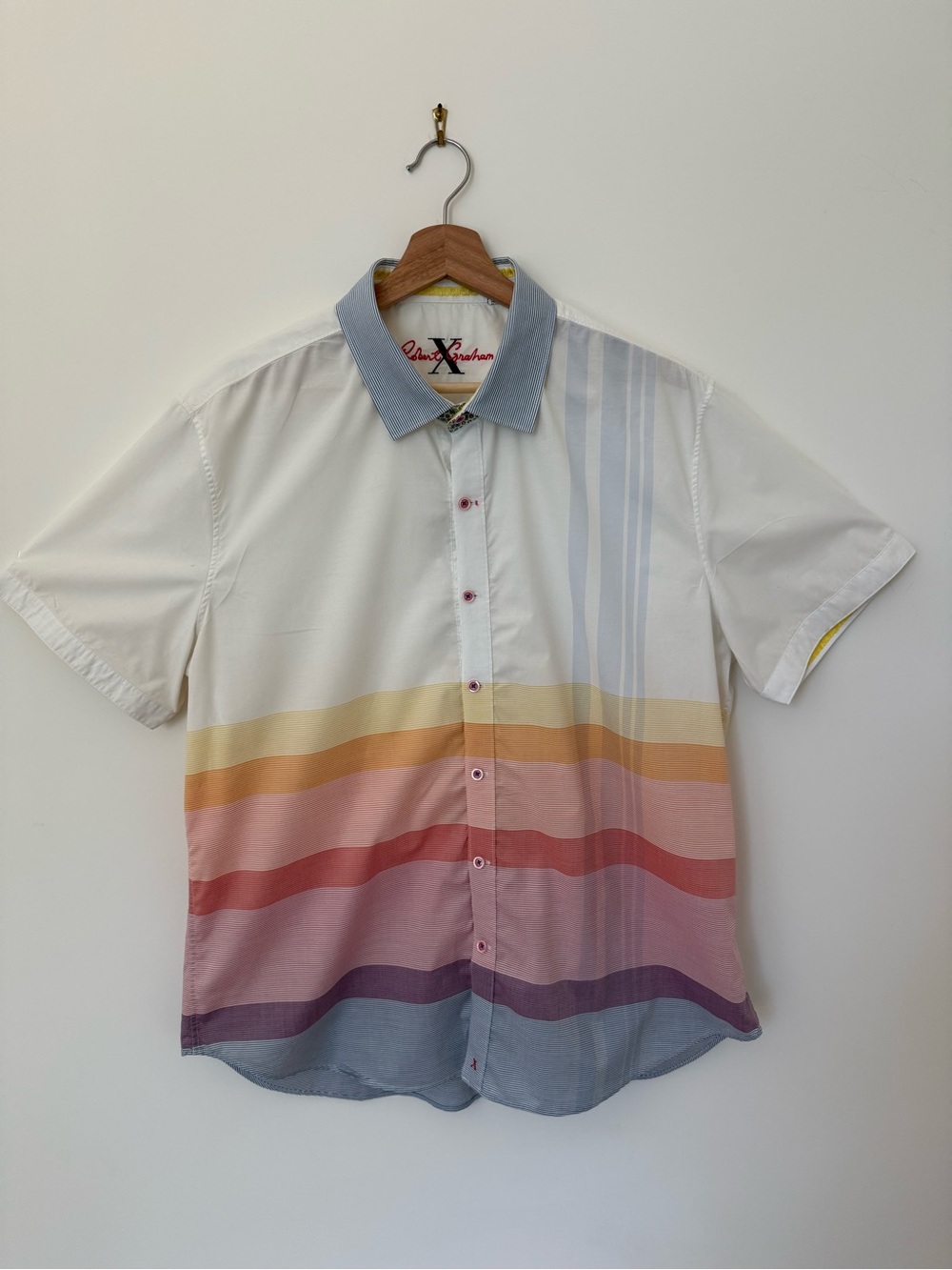 Robert Graham White Short-Sleeve Shirt with Multicolor Horizontal Stripes XXL